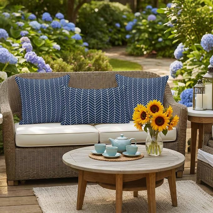 Outdoor Waterproof Throw Pillow Covers Set of 2 Navy Blue Chevron Stripes Pillowcases 20x20 Inches Modern Geometric Texture Decorative Pillows Cushion Case Patio Pillows for Couch Bed Chair Garden