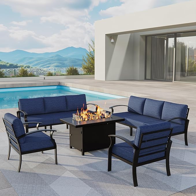 ALAULM Aluminum Patio Furniture Set with Propane Fire Pit Table 8-seat Metal Outdoor Furniture w/Fire Pit Patio Conversation Set w/5.1" Cushions for Patio, Backyard, Poolside-Dark Blue