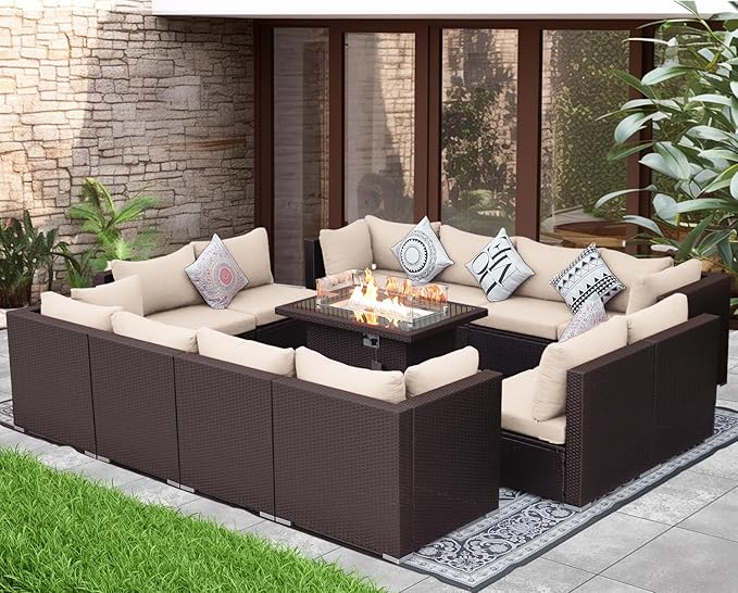 NICESOUL 13 Piece Patio Furniture w/Fireplace, Elegant Outdoor Seating w/Firepit, XL 29.3'' High Back Sectional Sofa, All-Weather Rattan Deck Couch, Modular Sturdy Conversation Set, Brown & Beige