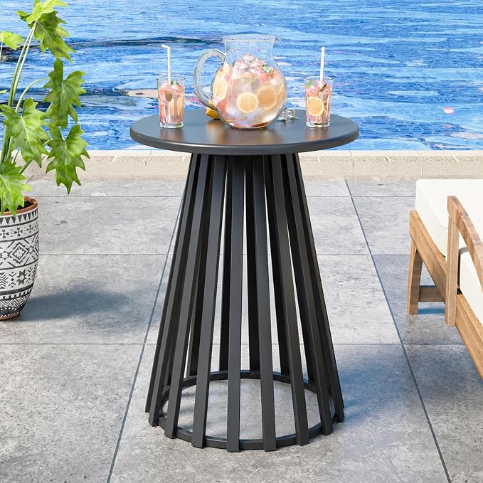 Round Small Outdoor Coffee Table, 15.6 Inch Metal Steel Patio Side Table, Patio Furniture Accent Bistro End Table, for Garden, Pool, Yard, Balcony, Living Room, Deck, Weather Resistant, Black