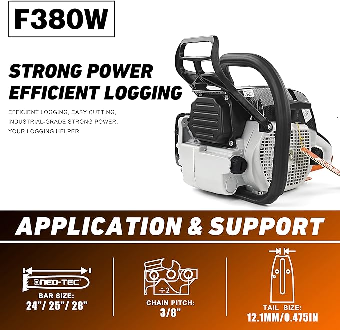 F380W 72cc 2-Cycle Gasoline Power Chain Saws, 3.6KW 4.8HP Gas Chainsaw Fit for 24/25/28 inch Bar, All Parts Compatible with MS381 MS380 038 Neotec 872I without Bar