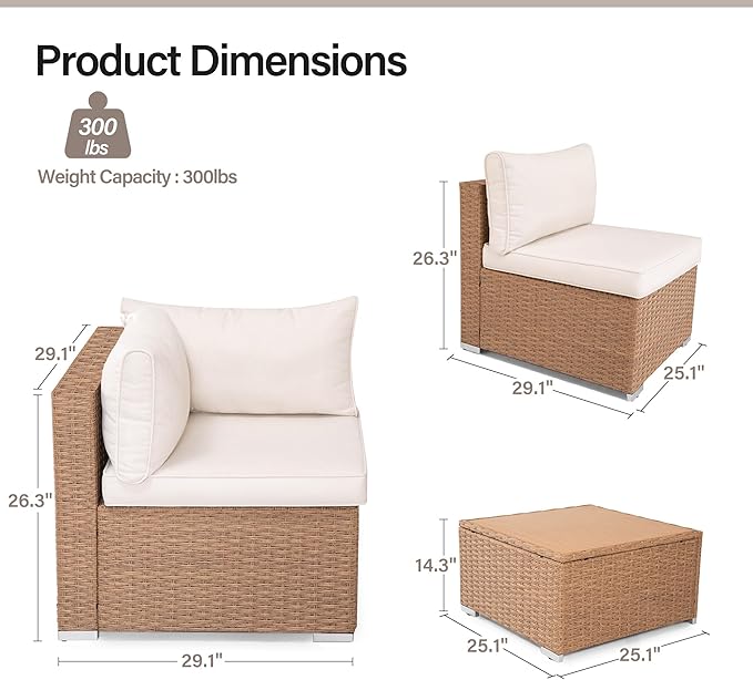 LAUSAINT HOME Outdoor Patio Furniture, 7 Piece Patio Furniture Set PE Rattan Sectional Conversation Sets with Thick Cushions & Wood-Like Coffee Table for Garden, Porch(Beige/Brown Wicker)