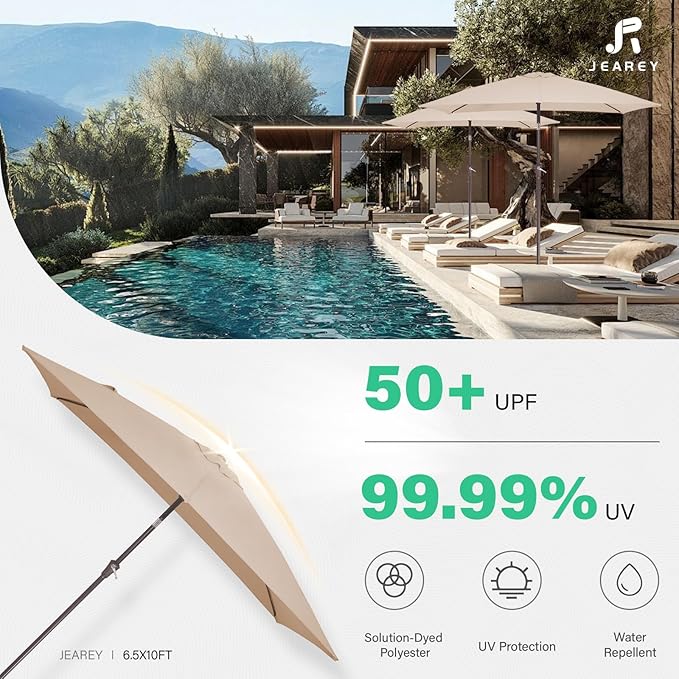 JEAREY 6.5x10 ft Rectangular Patio Umbrellas Outdoor Market Umbrella with Push Button Tilt and Crank, Rectangle Table Umbrellas 6 Sturdy Ribs UV Protection for Pool Garden Backyard Deck, Tan