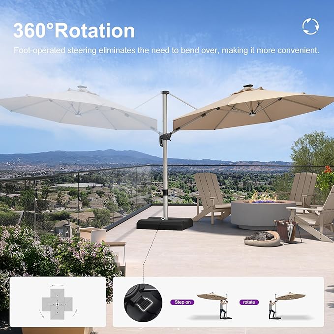 PURPLE LEAF 11ft Patio Umbrella with Lights Outdoor Round Cantilever Solar Powered LED Umbrella with 360-degree Rotation for Garden Deck Pool Patio, Beige