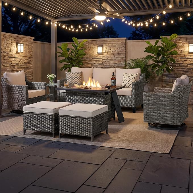 Luxury Patio Furniture Sofa Set - 7 Pieces All Weather Wicker Outdoor Couch and High Back Swivel Rocker Patio Chairs with fire Pit for Deck Yard and Poolside Gray Wicker | Beige Cushions