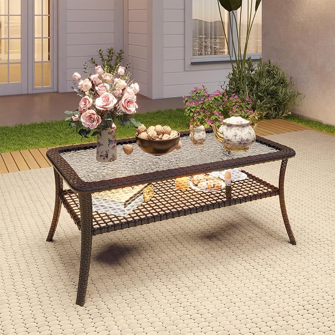 Aoxun Outdoor Coffee Table with Storage Wicker Patio Coffee Table, All-Weather Tempered Glass Top Coffee Table for Patio Furniture Set for Balcony, Garden, Deck, Backyard, Brown