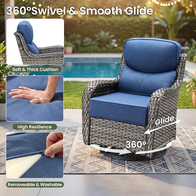 Luxury Patio Furniture Set with 6-inch Thick Cushion, Outdoor Furniture with Fire Pit Table, Swivel Chairs, Sofa, Side Table, Ottomans, 9pcs Wicker Conversation Set Grey Wicker | Blue Cushion