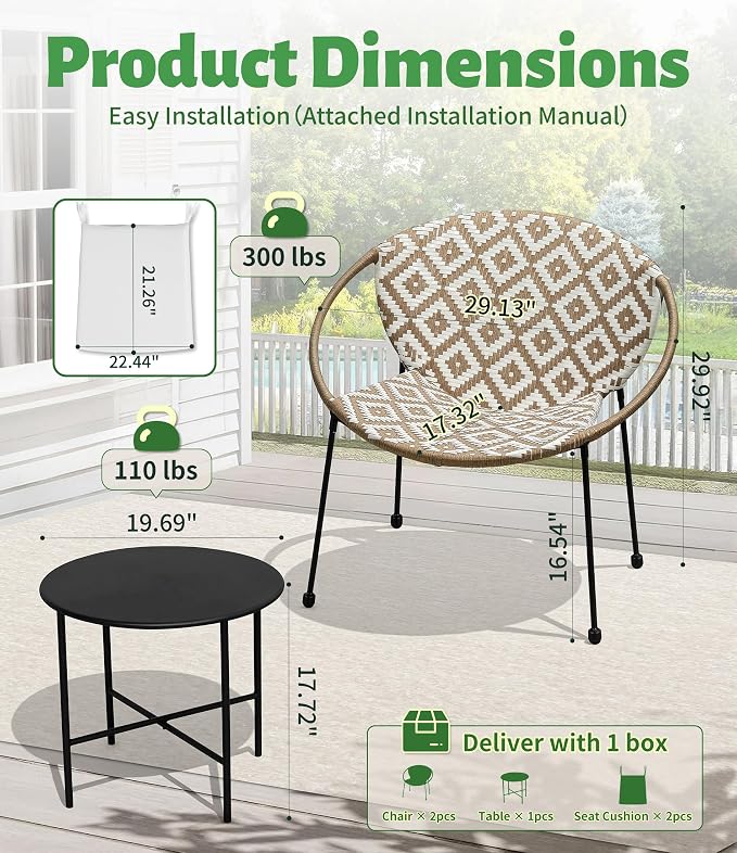 3-Piece Outdoor Patio Bistro Set, Wicker Chairs with Cushions, PE Rattan All-Weather Conversation Set with Coffee Table for Balcony, Porch, Backyard, Poolside, Garden, Deck, White