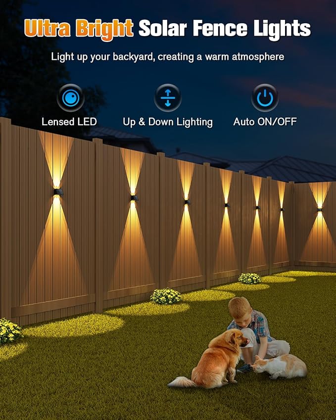 VOLISUN Solar Fence Lights 6 Pack, Color Glow LED Up and Down Wall Lights, IP65 Waterproof Solar Lights Outdoor for Patio, Backyard, Railing, Deck, Fence and Wall (4 Lenses)