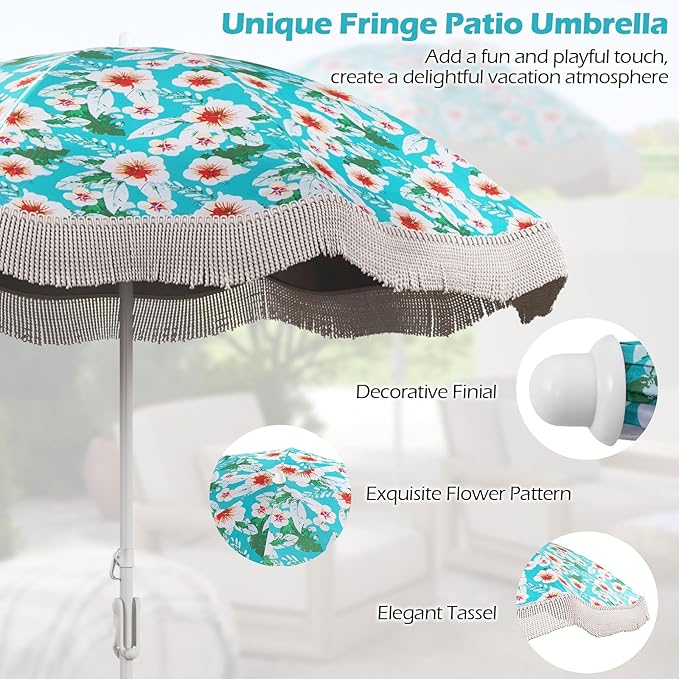 6.5 FT Outdoor Fringe Umbrella, UV 50+ Protection Boho Umbrella with Sand Anchor, Tilt Sun Shelter& 8 Ribs, Portable Beach Umbrella with Carry Bag, Vintage Patio Umbrella for Deck Poolside