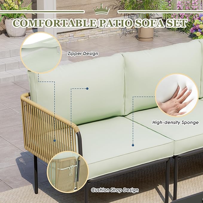 Patio Furniture Set, 5 Piece Outdoor Patio L-Shaped Conversation Set with Cushions and Table, All-Weather Rattan Woven Sectional Sofa for Backyard, Porch, Boho Detachable Lounger (Green)