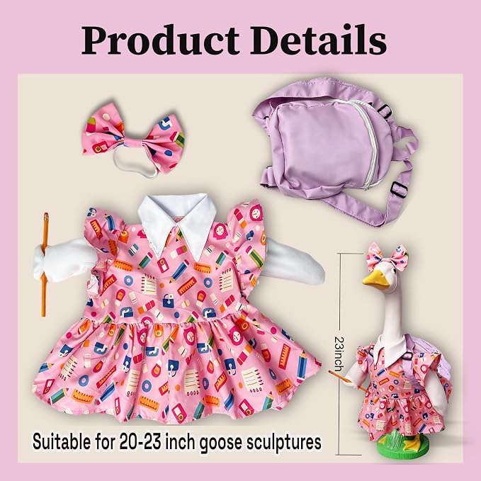 Back to School Porch Goose Outfit for 23" Plastic Statue, Lawn Porch Goose Clothes with Schoolbag and Pencil for School Classroom Outdoor Garden Yard Patio Statue Art Decor
