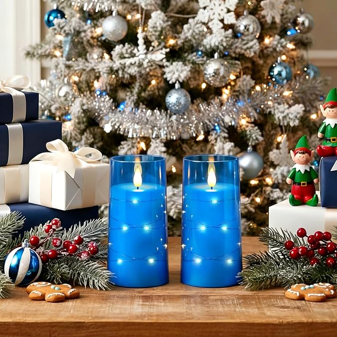 Homemory Flameless Candles with Embedded Star String Fairy Lights, Battery Operated Candles, LED Candle, Fake Candles with Remote Control and Timer, Blue, Set of 2(H 6" 6")