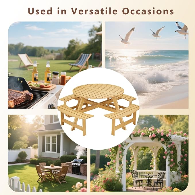 8 Person Outdoor Dining Table, Round Picnic Table with 4 Built-in Benches and Umbrella Hole, Outside Garden Backyard Table and Bench Set, 500lbs Capacity Per Bench (Natural)