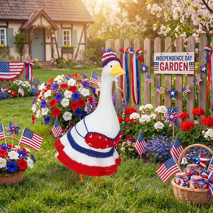 Abbylike 4th of July Bikini Porch Goose Outfit Patriotic Crochet Clothes Red White Blue Geese Summer Costume Fits 23'' Cement Statue for Independence Day Lawn 250th Outdoor Patio Art Decor