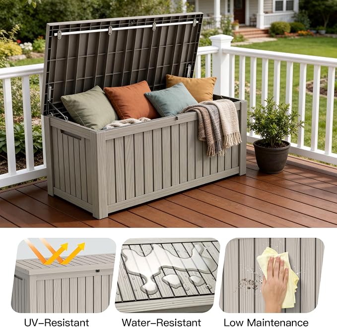 Mars Villa 120 Gallon Outdoor Storage Box, Resin Deck Box Waterproof for Patio Furniture Cushions, Pool Supplies, Gardening Tools, Weatherproof and UV Resistant, Grey