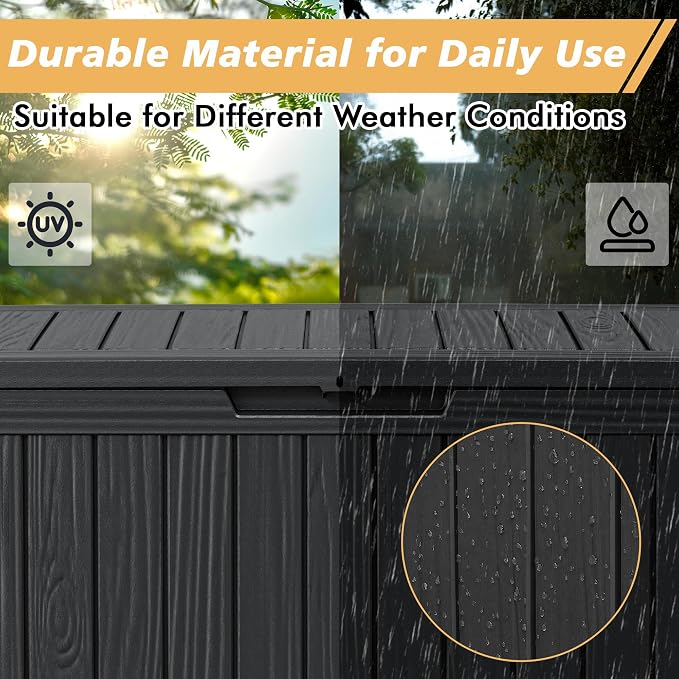 Fancyango 90 Gallon Outdoor Deck Box Waterproof, Large Storage Box for Patio, Resin Storage Bench Lockable for Garden Tools, Package Delivery, Black