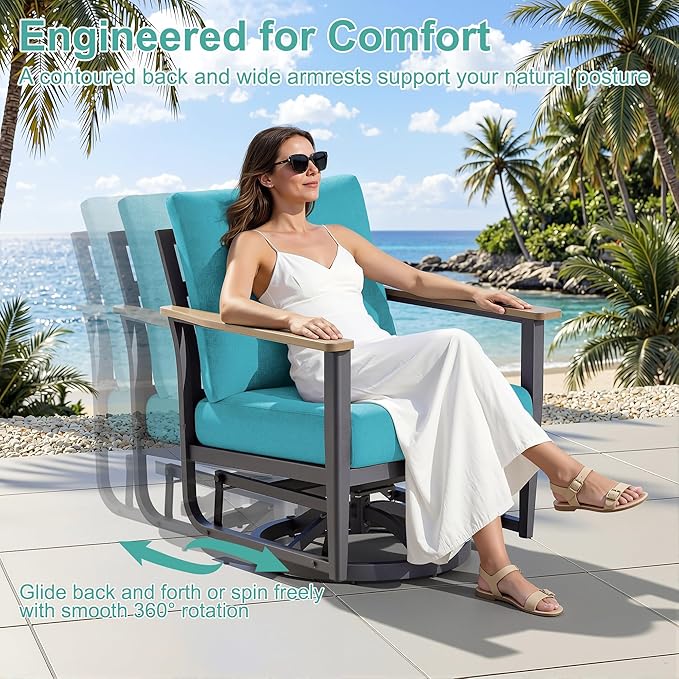 7-Seat Outdoor Patio Furniture Set with Rocking Swivel Chair, Aluminum Sectional Sofa Set with Ottomans, Patio Conversation Set with High Backrest & Thickened Cushions, Turquoise