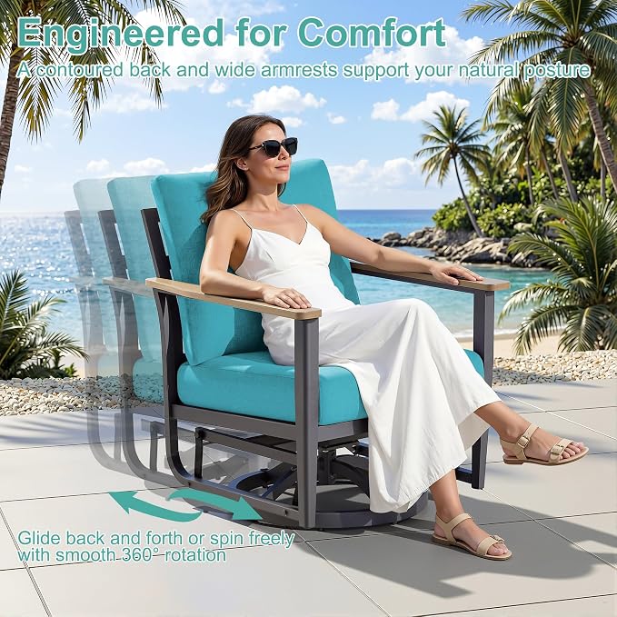 Aluminum Outdoor Patio Furniture Set with Swivel Rocking Chair 7-Piece, Patio Conversation Set Sectional Sofa with High Backrest & Thickened Cushions, Turquoise