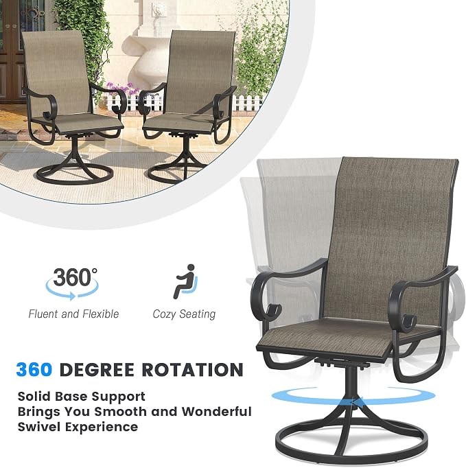 DIFY 5 Pieces Patio Dining Set, 40.2" Walnut Square Dining Table with Umbrella Hole and 4 Black Swivel Patio Chairs, All Weather Metal Outdoor Dining Furniture Set for Lawn Garden Balcony