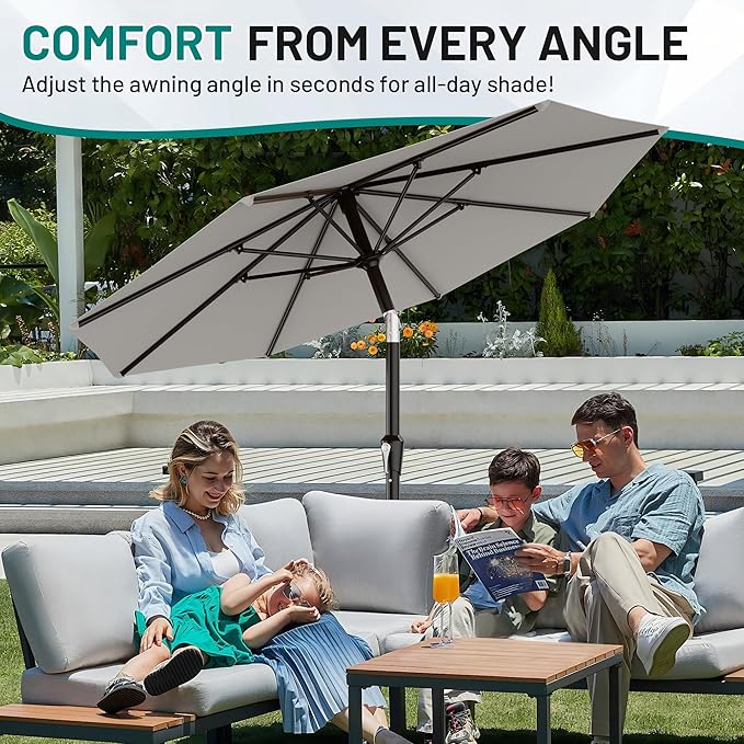 AreShark 10 FT Outdoor Patio Umbrella, Patio Table Umbrella with Push Button Tilt and Crank, Outdoor Patio Umbrellas with 8 Fiberglass Ribs, Patio Umbrellas for Market, Garden, Pool (Light Gray)