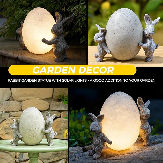 Solar Bunny Garden Statue with LED Light – Cute Solar Garden Decor Outdoor Rabbit Statue for Patio Yard Backyard Lawn, Bunny Decor Garden Statues, Easter Rabbit Gifts-Egg