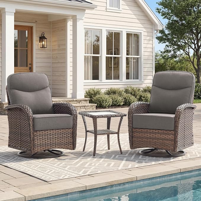 HUMMUH 4PCS Outdoor Swivel Rocker Patio Chairs with Ottomans,Luxury 6-inch Thick Cushion,High Back Patio Furniture Set,Wicker Conversation Set for Deck Yard and Poolside