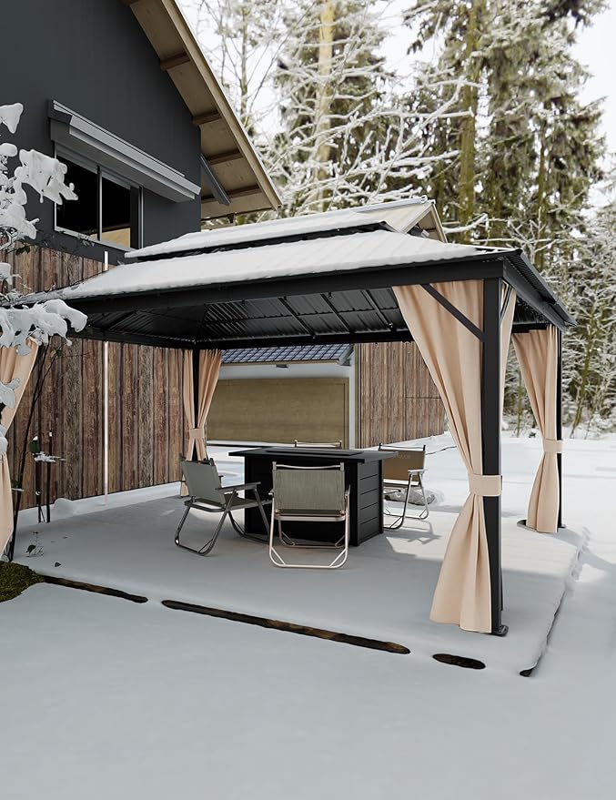 Hardtop Gazebo 12x14 ft, with Reinforced Aluminum Frame, Double Metal Roof, Net, and Curtain, Pergola for Patio, Deck, Backyard, Lawn, and Garden