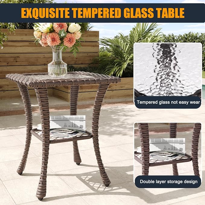 3 Pieces Outdoor Wicker Patio Swivel Rocking Chairs, All Weather Wicker Conversation Set with Side Table