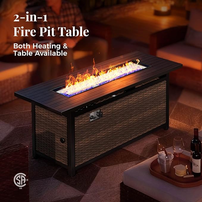 MIXPATIO Patio Furniture Set, 7 Pcs Wicker Outdoor Conversation Set, 2 x Leg Chairs, 1 x 3 Seater Sofa, 1 x 2-Seat Lover Sofa and 2 x Ottomans with 4" Thick Cushion and 56" Fire Pit Table, Beige
