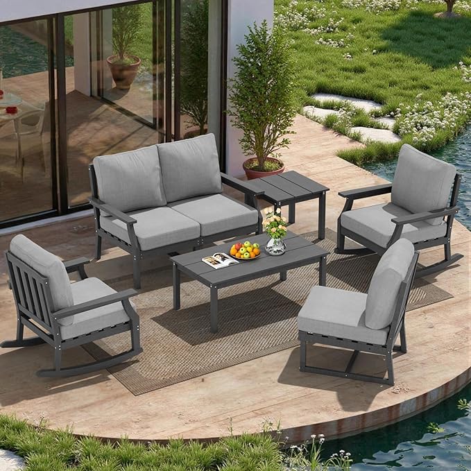 HDPE Patio Conversation Set, 7-Piece All Weather Outdoor Furniture Set with 2 Single Rocking Armchairs for Deck, Lawn, with Cushion, Gray