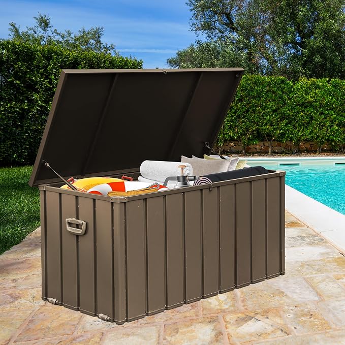 Domi Deck Box 120 Gallon Outdoor Storage Box, Lockable Storage Cabinet Deck Box Outdoor Waterproof, Large Metal Storage Bin for Patio Furniture Cushions Garden Tools Pool-Supplies, Brown