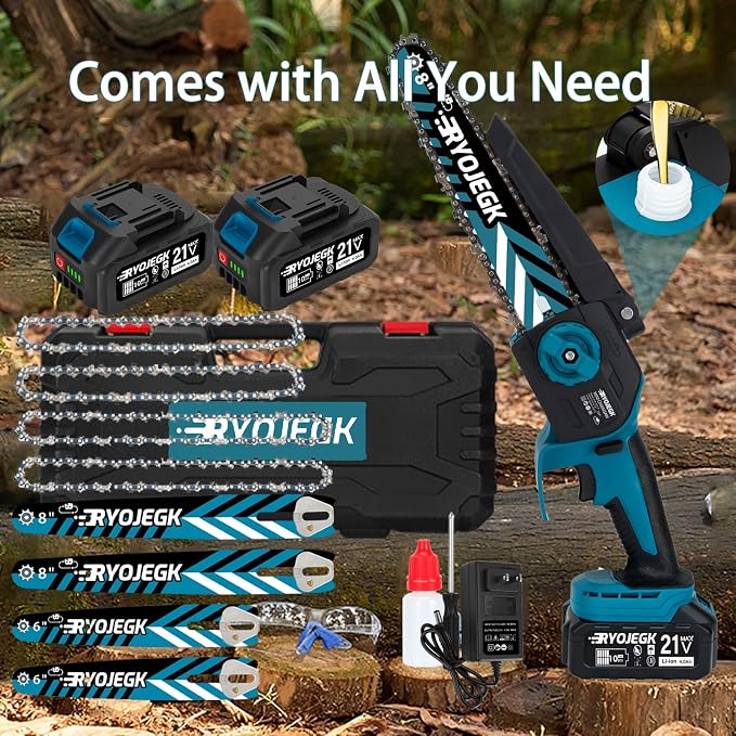 RYOJEGK 8 & 6 Inch Brushless Mini Chainsaw,2×4.0Ah Battery Tool-Free Installation Small Cordless Chain Saw with 4 Chain Guide,Portable Motosierra De Bateria for Tree Trimming & Branch Wood Cutting