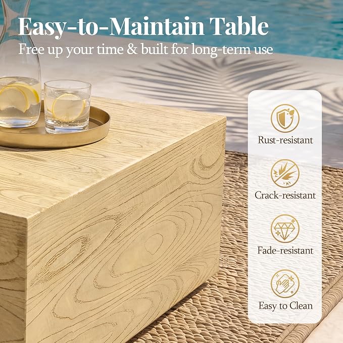 UPHA 28" Square Outdoor Coffee Table, Modern Hollow Concrete Patio Table, Small Minimalist Low Accent Table for Living Room, Balcony, Deck, Backyard, Natural Wood Finish