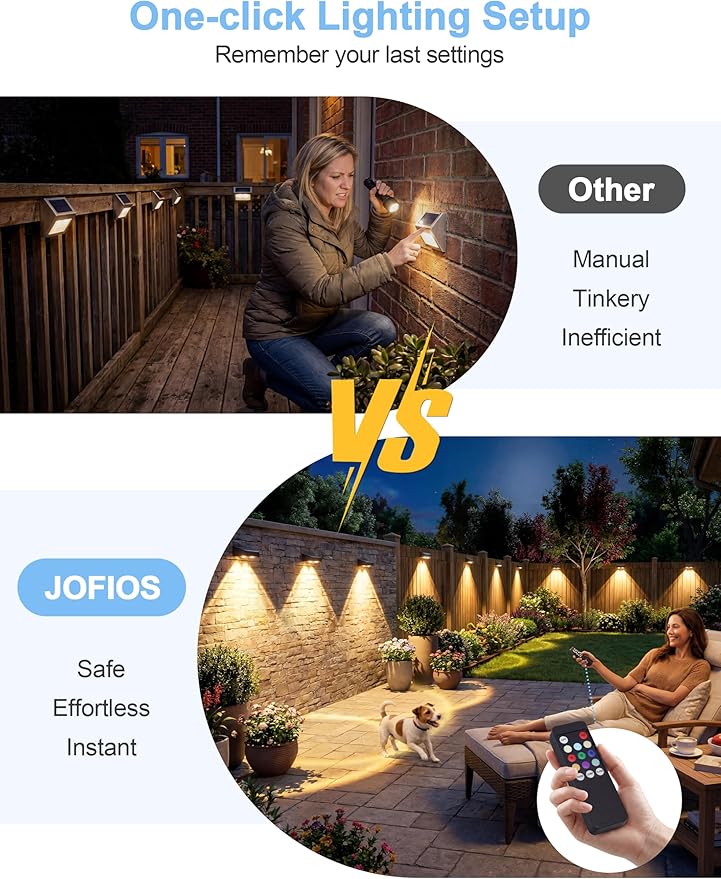 JOFIOS Solar Fence Lights with Remote, Warm White, Cool White and RGB Color Glow LED Outdoor Wall Lights, IP65 Waterproof Solar Lights for Fence, Backyard, Railing, and Deck, Home Improvement, 2 Pack