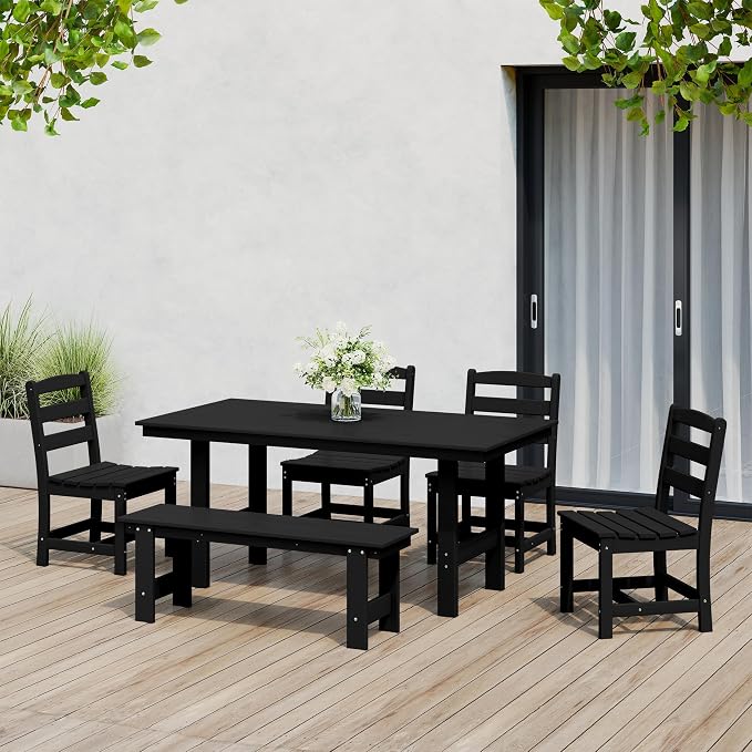 Costaelm Palms 6-Piece Outdoor HDPE Patio Dining Table Set with Bench, Black