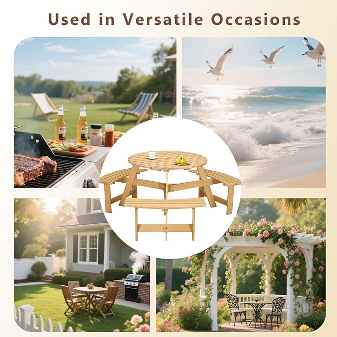 6 Person Wood Dining Table, Outdoor Round Picnic Table with 3 Built-in Benches, Umbrella Hole, Outside Patio Backyard Table and Bench Set, 500lbs Capacity Per Bench (Oak)