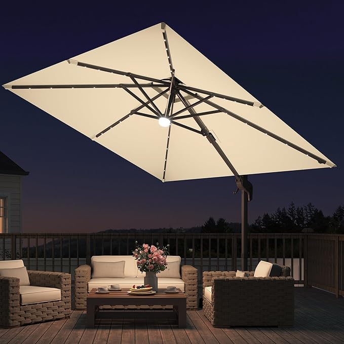 JZAC & QZYD 9x9 FT Outdoor Cantilever Patio Umbrella with Solar LED Lights, Large Heavy Duty 2-Tier Canopy Square Aluminum Offset Umbrellas with 360-Degree Rotation for Pool Deck Backyard, Beige