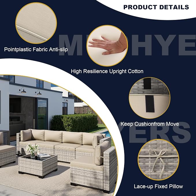 16-Piece Outdoor Patio Furniture Set with Rocking Swivel Chair, Wicker Rattan Sectional Sofa Conversation Set with 55,000 BTU Fire Pit Table with Ottomans, Backyard Furniture, Beige