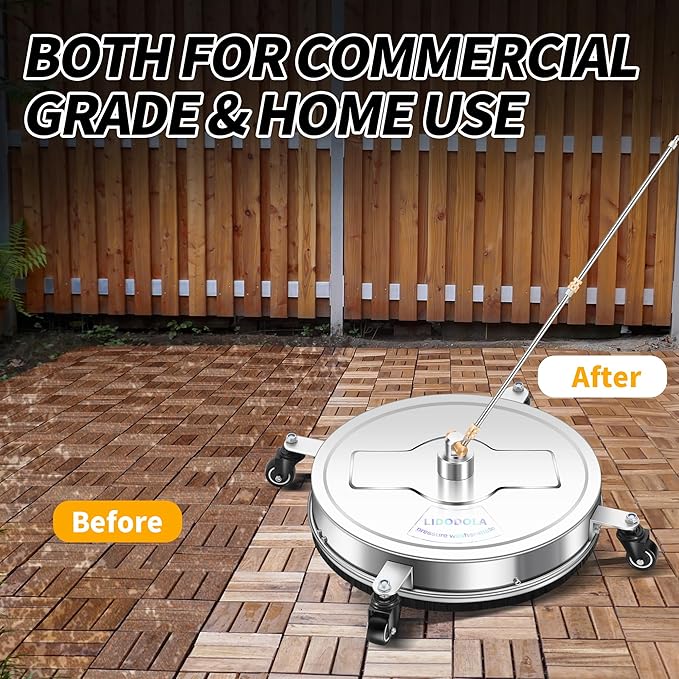 LidoDola 20'' Pressure Washer Surface Cleaner with 4 Wheels - Stainless Steel Surface Cleaner for Pressure Washer Attachment for Concrete, Driveway, Patio, Sidewalk, Deck and Driveways