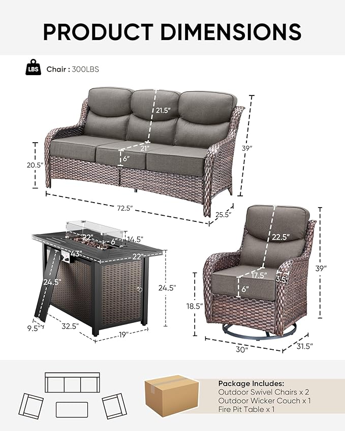 HUMMUH 4 Pieces Patio Furniture Set with Fire Pit High Back Outdoor Furniture Set 6-inch Cushions Wicker Patio Swivel Rocker Chairs for Balcony Garden,Lawn,Deck