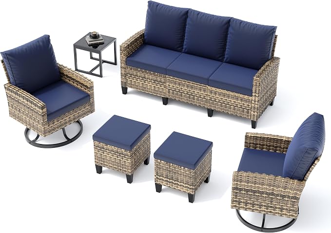 UDPATIO Patio Furniture Set, 6 Pieces Outdoor Conversation Sets with Swivel Chairs, All-Weather Wicker Rattan Patio Sofa with Ottomans and Glass Side Table for Backyard, Deck, Porch, Navy/Yellow
