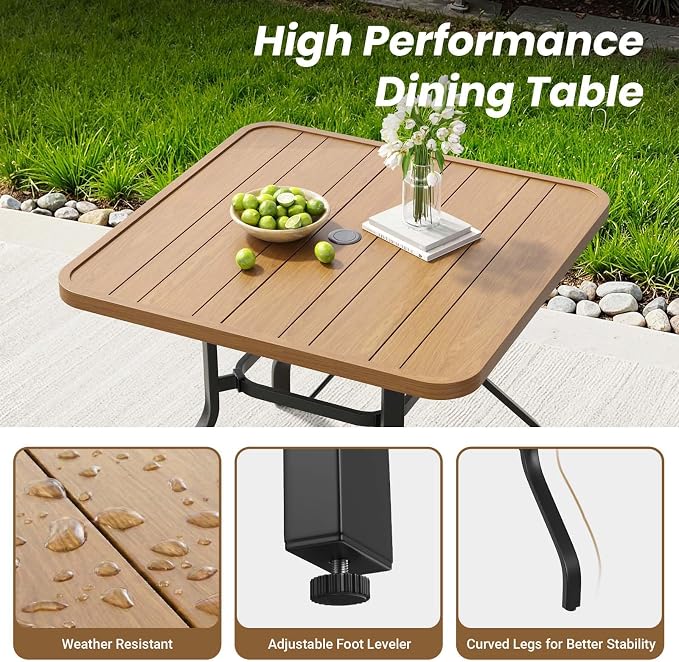 HRVEOCEI 35" Outdoor Square Table with Umbrella Hole, Metal Patio Dining Tables for Lawn Garden, Wood-Like Grain Bistro Table Outdoor for Backyard,Poolside,Deck,Por (Natural, Square)