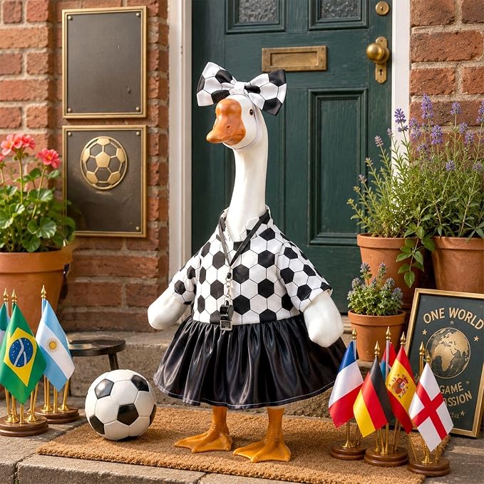 Soccer Porch Goose Outfit Black and White Soccer Goose Clothes Ball Dress Skirt with Bow Headband Whistle Sport Geese Costume for 17-23 Inch Cement Geese Statue Outdoor Garden Lawn Yard Decor