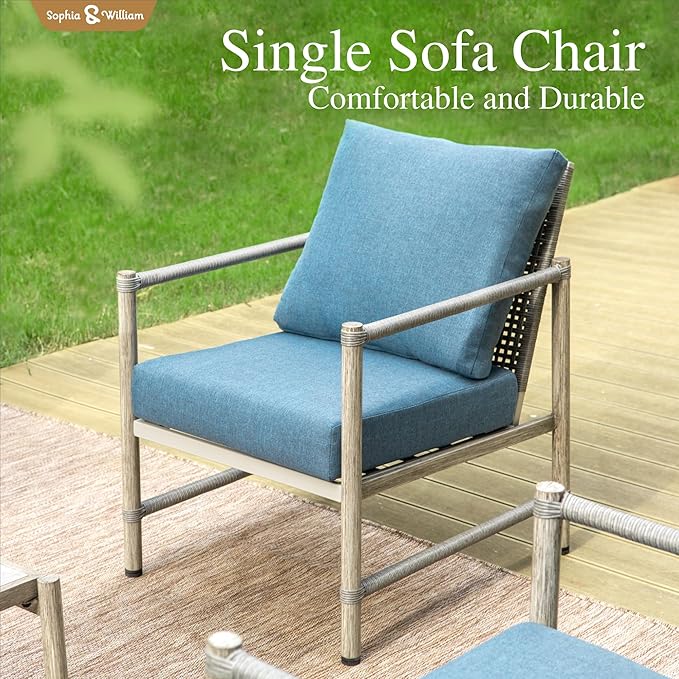 Sophia & William 4-Piece Outdoor Wicker Patio Conversation Set, 3-Seat Sofa, 2 Fixed Sofa Chairs, 1 Fire Pit Table, All-Weather Rattan Patio Furniture for Garden