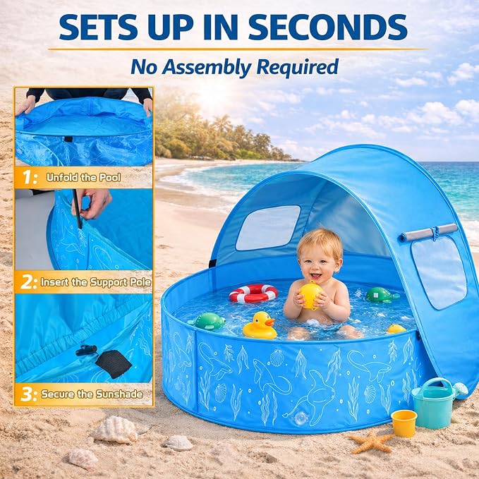 Baby Pool with Canopy, Foldable Kiddie Pool with Shade, Pop Up Water Play Pool with Carrying Bag for Toddlers, Portable for Backyard and Beach, 35.4 Inch