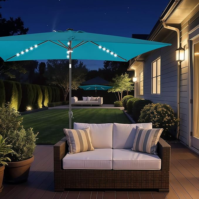 FLAME&SHADE 6.5 x 10 ft Rectangular Solar Powered Outdoor Market Patio Table Umbrella with LED Lights and Tilt, Taupe