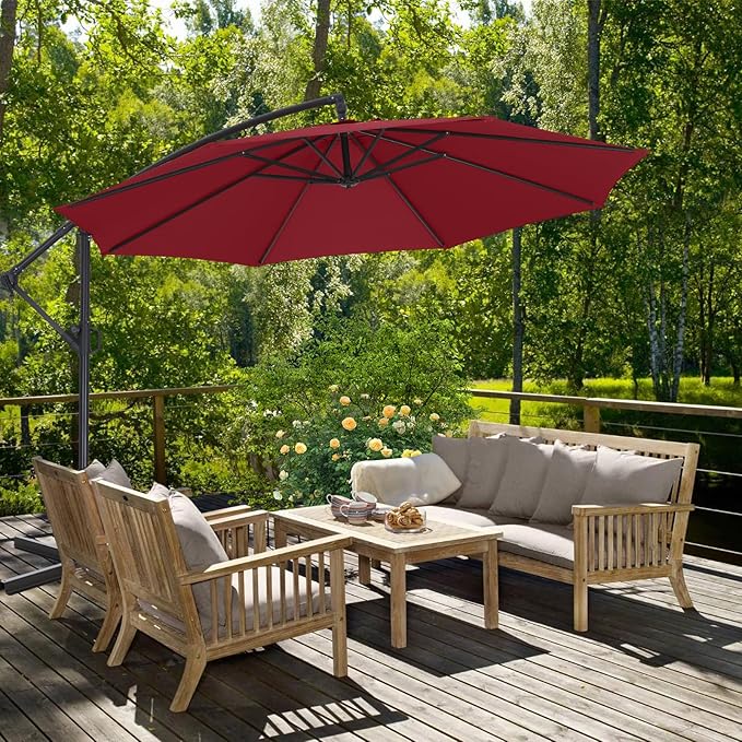 ABCCANOPY 10FT Cantilever Patio Umbrella with base included, 360° Rotation Outdoor Offset Umbrella for Backyard, Deck, Poolside (Burgundy)