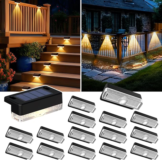 AUDERWIN Solar Deck Lights Outdoor 16 Packs, Solar Powered LED Step Lights Waterproof Outdoor for Deck, Stairs, Step, Fence, Wall, Patio, Yard, Pool and Pathway (Warm White)