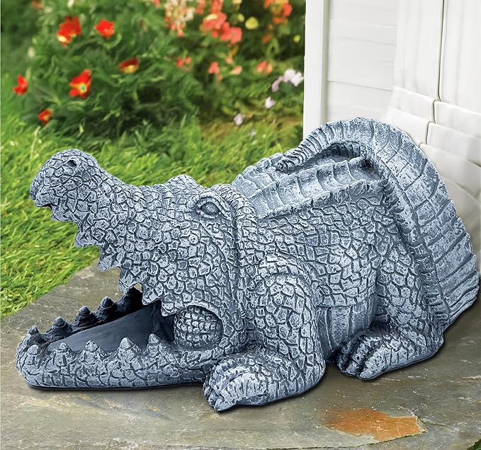 Teaeeno Alligator Decor Statue Gutter Downspout Extension Decorative,Crocodile Gutter Animal Statue Outdoor Decor,3"×4" Rain Gutter Downspout Splash Block,Garden Splash Block Outdoor Sculpture (Stone)